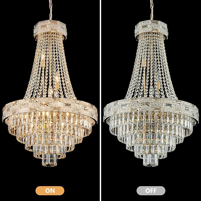12-Light Gold Crystal Chandeliers,Empire Chandelier Light Fixture Modern High Ceiling Hanging Chandelier for Entryway,Foyer,Staircase,Hallway,Living Room(H36 x D23.2)