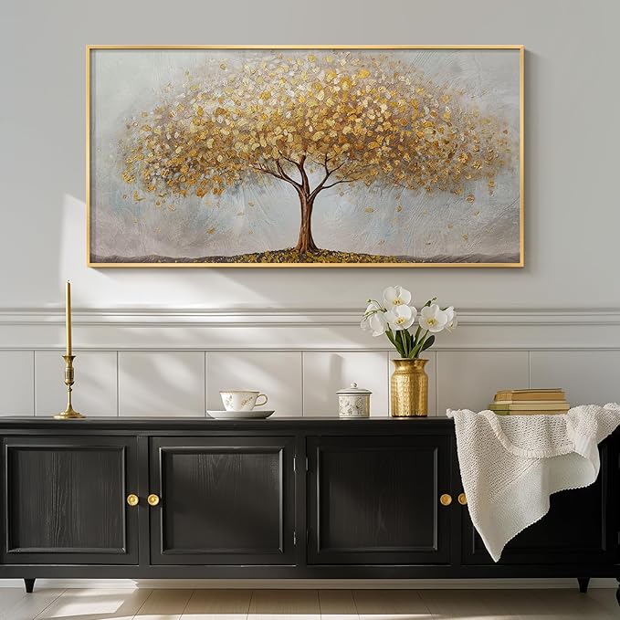 Large Framed Tree of Life Gold Wall Art for Living Room, Canvas Prints Paintings Artwork for Walls, Modern Luxury Golden Big Tree Pictures for Hallway Dining Room Bedroom Office Wall Decor 30x60 In