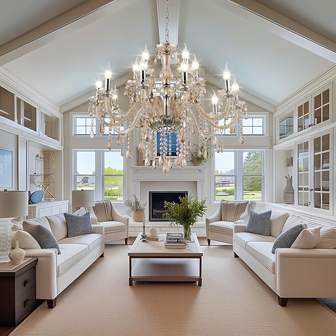 MALOSA Luxury Cognac Large Crystal Chandeliers for Dining Room,Living Room,Bedroom 30.7" 15 Lights