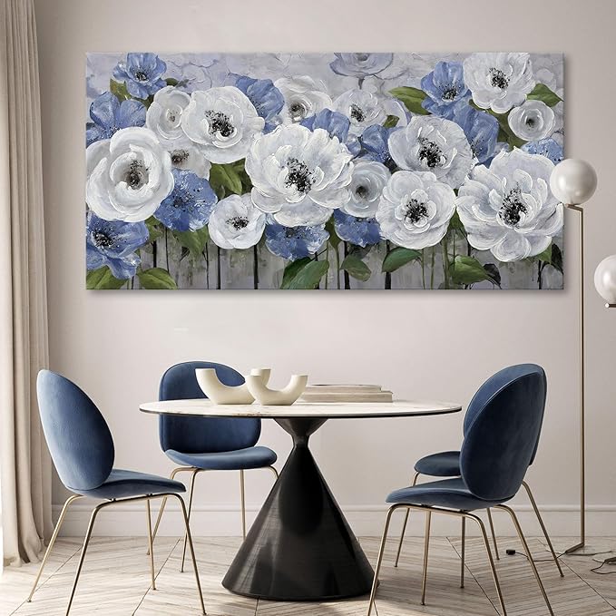 Mofutinpo Large Canvas Wall Art for Living Room, Blue and White Textured Floral Wall Art, Flower Wall Pictures and Paintings, Nature and Landscape Artwork, Bedroom Wall Decor