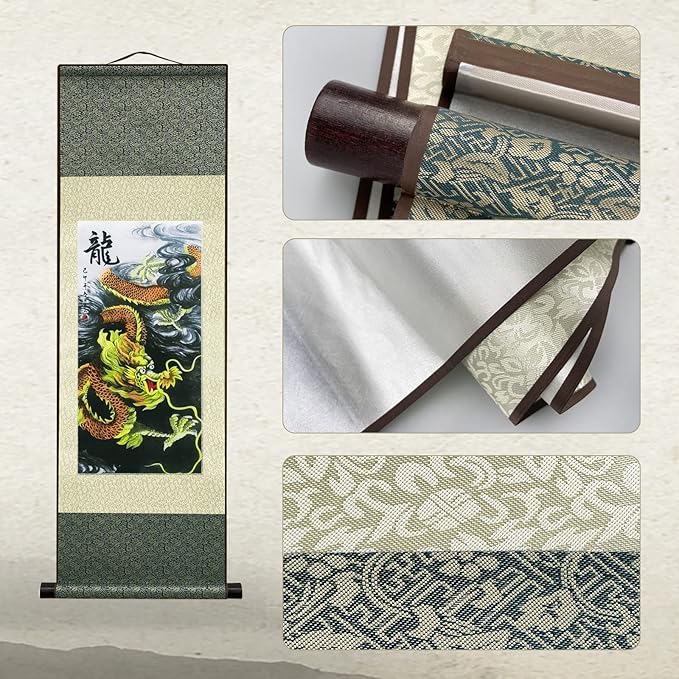 Chinese Landscape Painting Asian Wall Art Silk Scroll Painting Chinese Dragon Decoration Scroll Wall Five Paws Golden Dragon Decor Posters for Room Aesthetic Gallery Wall 36.2 x 12 in(L1)