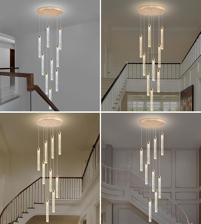 9-Light Gold High Ceiling Crystal Staircase Chandelier, Modern Spiral Raindrop Dimmable LED Bubble Cluster Ceiling Hanging Lighting Fixture for Foyer Living Room Entrance Remote Control