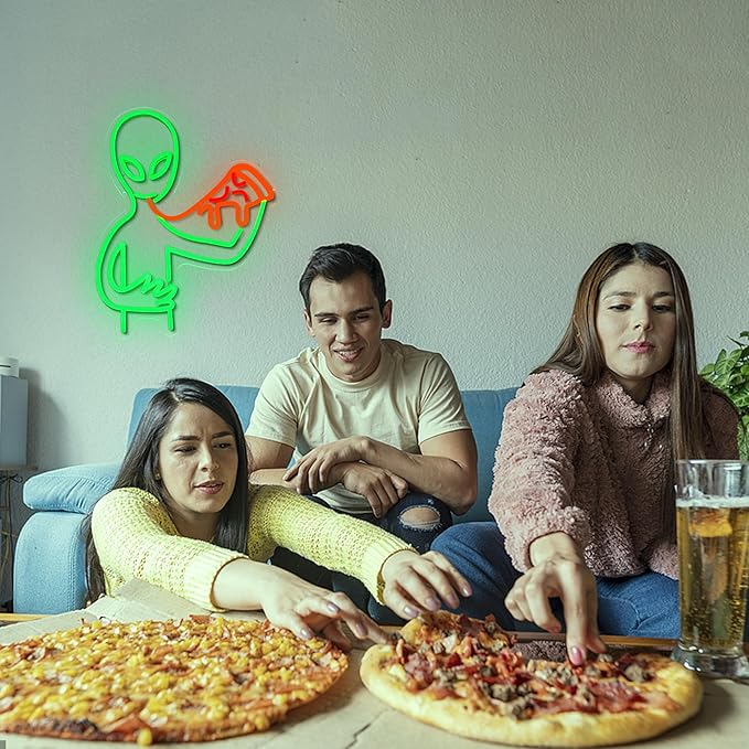 Alien Pizza Neon Sign Dimmable Cool Alien Neon Light Usb Powered Pizza Shop Light Up Sign Tasty Food Led Light Sign for Restaurant Party Bar Pub Man Cave Snack Shop Wall Decor(16.54*12.6 in)