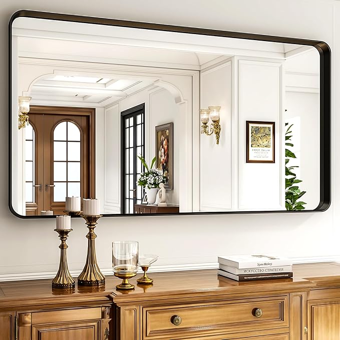 55"x 30" Black Bathroom Mirror - Aluminum Framed Wall Mirror, Bathroom Wall Mounted Vanity Mirror, Modern Bathroom Mirror, Bedroom, Living Room Wall Mirror, Hang Horizontally or Vertically