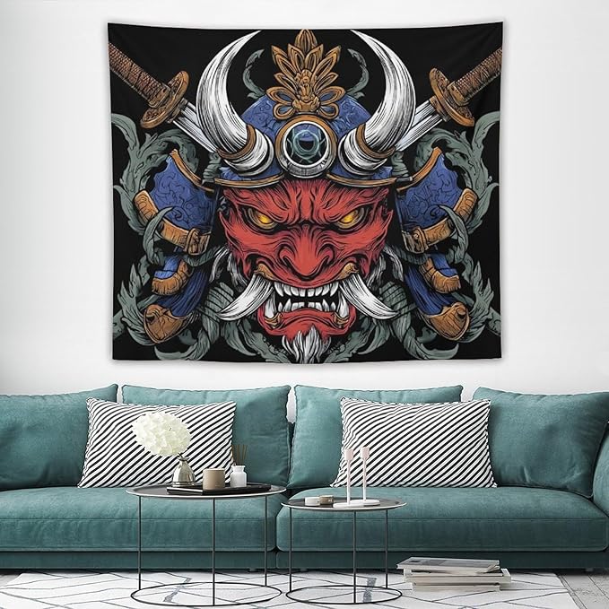 UUKXKUU Oriental Retro Mask Symmetry Samurai Tapestry Flag Backdrop Wall Hanging Large Wall Art Decor for Dorm Office Bedroom Living Room 50"×60"