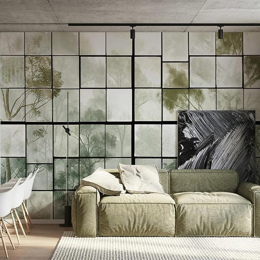 Large 3D Faux Window Wall Mural Peel and Stick 148" W x 110" H 3D Foggy Forest Glass Window Green Natural Landscape Art Decor Wallpaper for Bedroom Office Living Room Canvas Wall Paintings