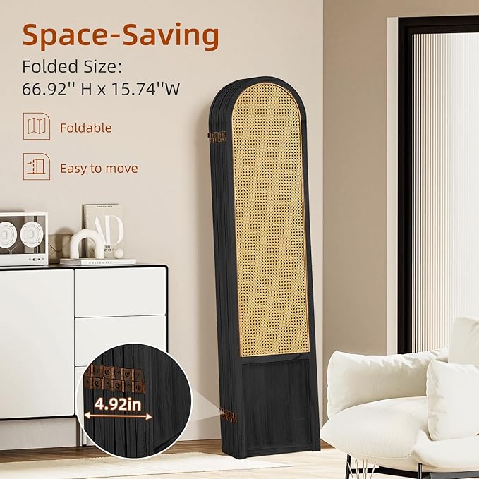 6 Panel Room Dividers and Folding Privacy Screens, Hand-Made Rattan Room Divider with Bi-Directional Hinge, Pre-Assembled Wood Room Divider Wall for Home Office Bedroom, Black
