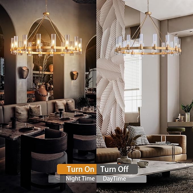 48" Gold Wagon Wheel Chandelier, 16-Light Farmhouse Round Pendant Light Fixture with Glass Shade, Large Hanging High Ceilings Chandeliers for Dining Room Kitchen Foyer Entryway Living Room