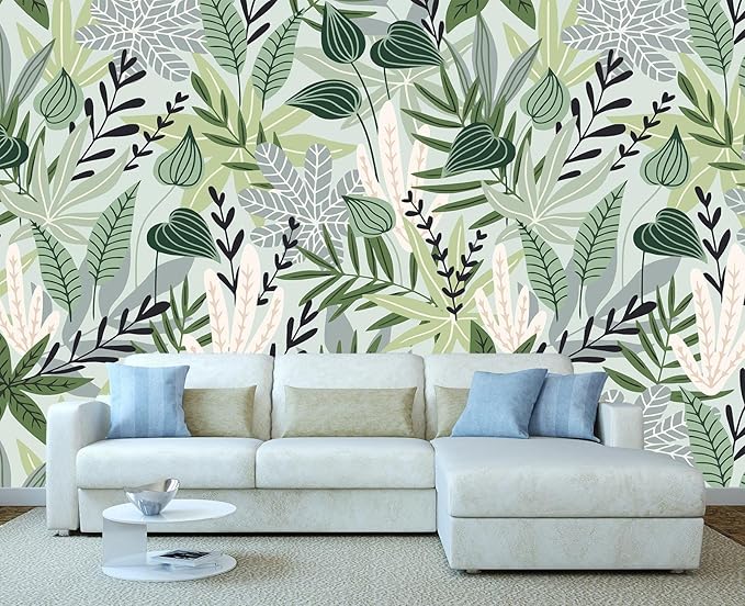 Cliouar-Watercolor Green Leaves Tropical Plants Bedroom Living Room Decoration Mural Wallpaper 103" x 69"(Not Self-Adhesive)
