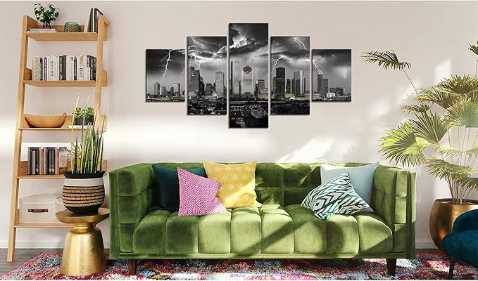 Cawpom Houston Black and White Wall Art Texas Nature Lightning Strikes Wall Decor Houston City Picture Canvas Print Storm Cityscape Painting Poster Frame Home Living Room Decoration(60x32 inches)