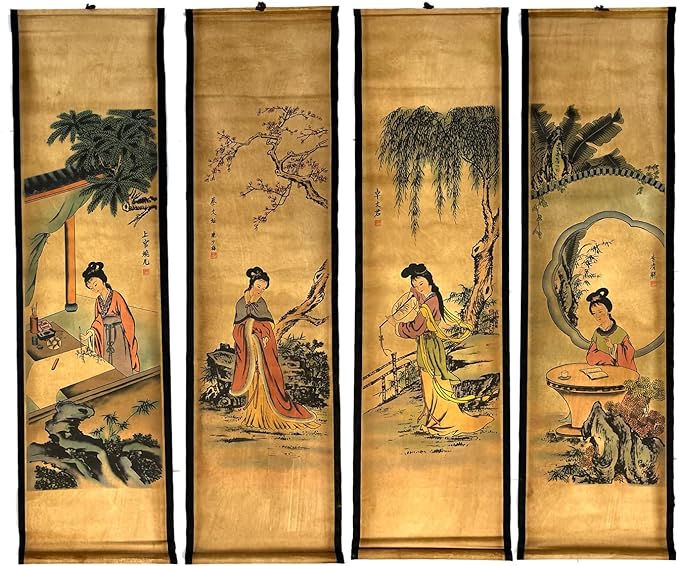 Wall Asia Traditional Art Prints Posters Painting Oriental,4 Panels Super Large Home Walls Decor Home Office Decoration (Super Old Aging Paper, c four beauty)