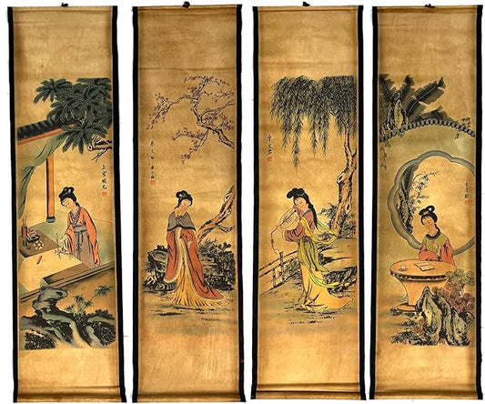 Wall Asia Traditional Art Prints Posters Painting Oriental,4 Panels Super Large Home Walls Decor Home Office Decoration (Super Old Aging Paper, c four beauty)