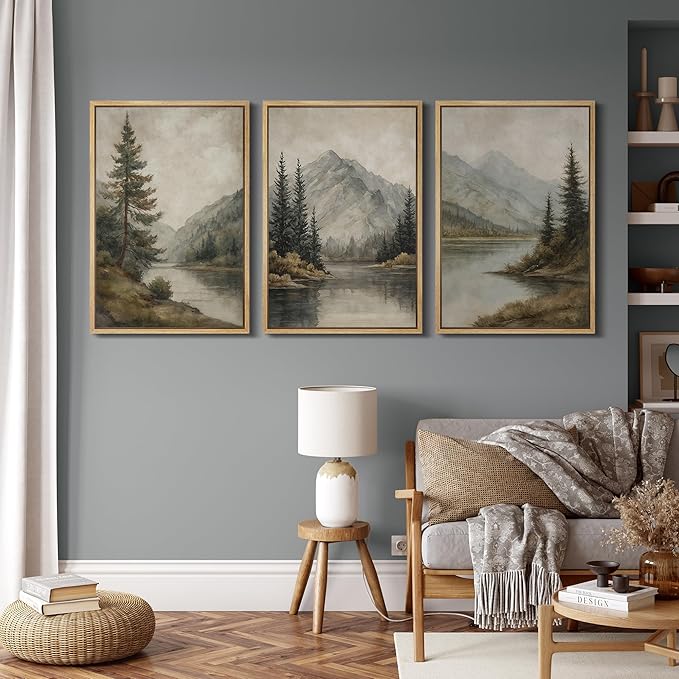 MUDECOR Framed Wall Art Print Set Mountain Landscape Nature with Trees, Lake, and Mountains, Rustic Illustrations Modern Art Decorative Colorful for Living Room, Bedroom, Office - 16"x24"x3 Natural