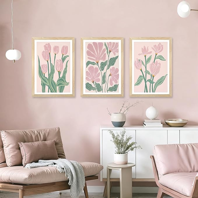 JLTULT 3 Piece Pink Abstract Tulips Floral Wall Art, Boho Green Botanical Wall Decor, Modern Flowers Paintings Art Prints for Living Room Bedroom Home Farmhouse Office16x24 Framed inch Ready to Hang