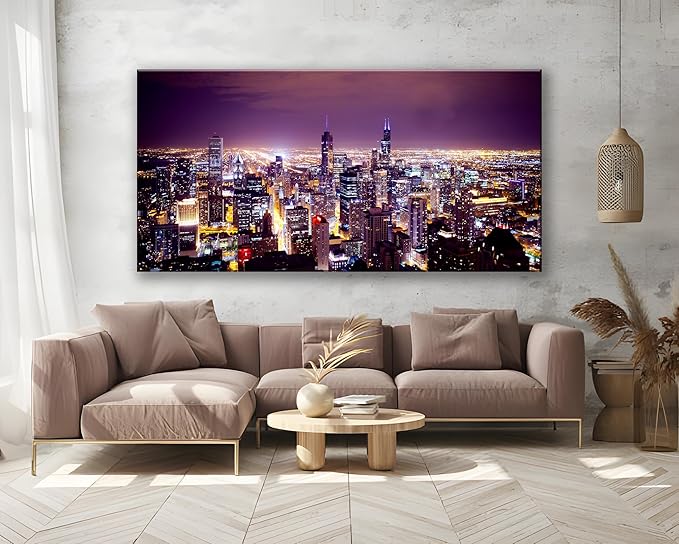 NAN Wind Large Modern City Chicago Skyline Pictures Cityscape Canvas Wall Art for Bedroom Downtown Poster Office Dining Room Wall Decor Wood Framed Night Scene Prints Paintings for Home Decorations