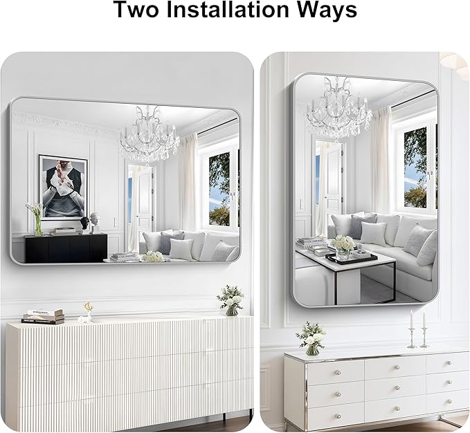 KOCUUY Silver Bathroom Mirror, 60x40 Inch Large Bathroom Mirror for Over Sink, HD Tempered Glass, Anti-Rust Brushed Silver Frame, Rounded Corner Modern Design for Bathroom, Hang Horizontal/Vertical