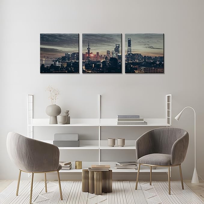 NAN Wind 3Pcs Modern Shanghai Skyline Canvas Wall Art Dusk City Panorama Print Oriental Pearl Tower Night Scene Artwork Living Room Office Decor Black Grey Gold Urban Photography Print on Canvas Decor
