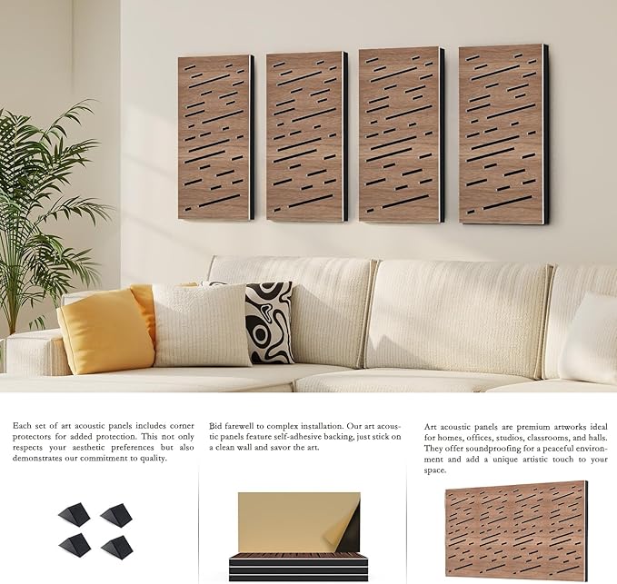 4Pack Acoustic Wall Panel, Self-Adhesive Soundproof Foam Panels for Wall, 3D Perforated Tri-Layer Polyester Fiber Decorative Acoustic Insulation for Recording Studio, Office, 24×12×1.78", Rain-Line