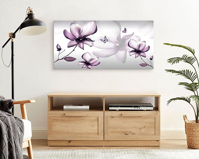Muolunna BK06562 Purple Magnolia with Butterfly Flower Canvas Wall Art Picture 1 Panel 3D Wallpaper Modern Art Prints Painting for Bedroom Modern Office Wall Decor Artwork