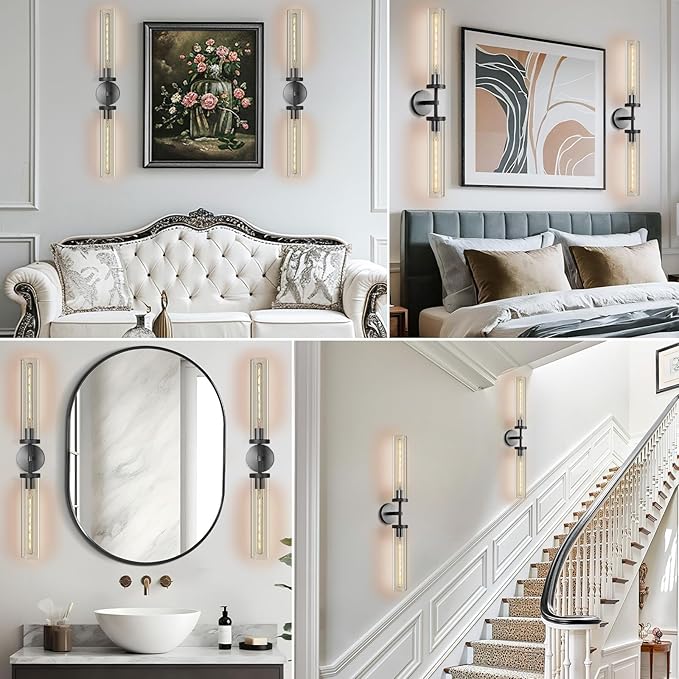 Black Wall Sconce, 30" Modern Knurled Wall Lighting with 2 Clear Glass Tubes, Double Vanity Light Fixture, Bathroom Wall Lamp, Bedroom, Living Room, Hallway Lighting, Hardwired (Including Bulb)