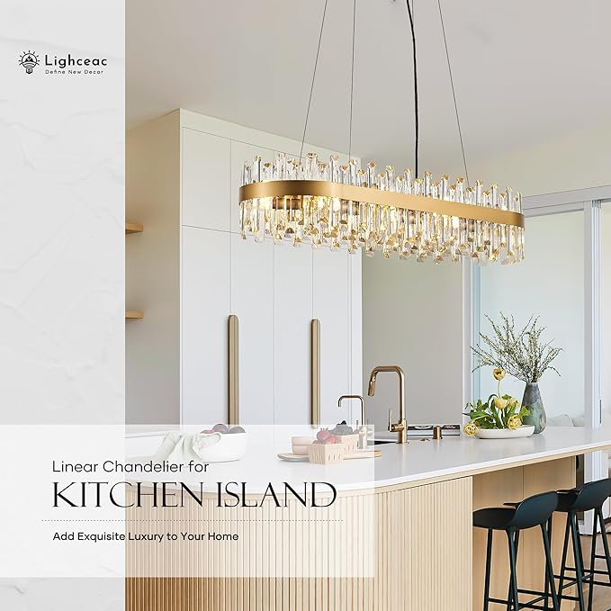 39" Modern Gold Rectangle Crystal Chandelier Light Fixtures for Kitchen Island Luxury Linear Crystal Chandeliers for Dining Room 16-Light Long Hanging Pendant Lighting for Entryway Foyer Bar