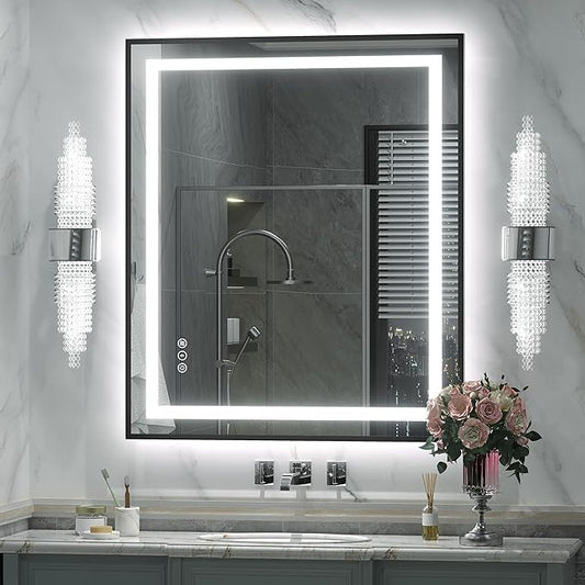 30x36 LED Lighted Bathroom Mirror, Dimmable Black Framed Vanity Mirror with Lights, Backlit and Front Lighted Mirror for Wall, Anti-Fog, ETL Listed(Horizontal/Vertical)