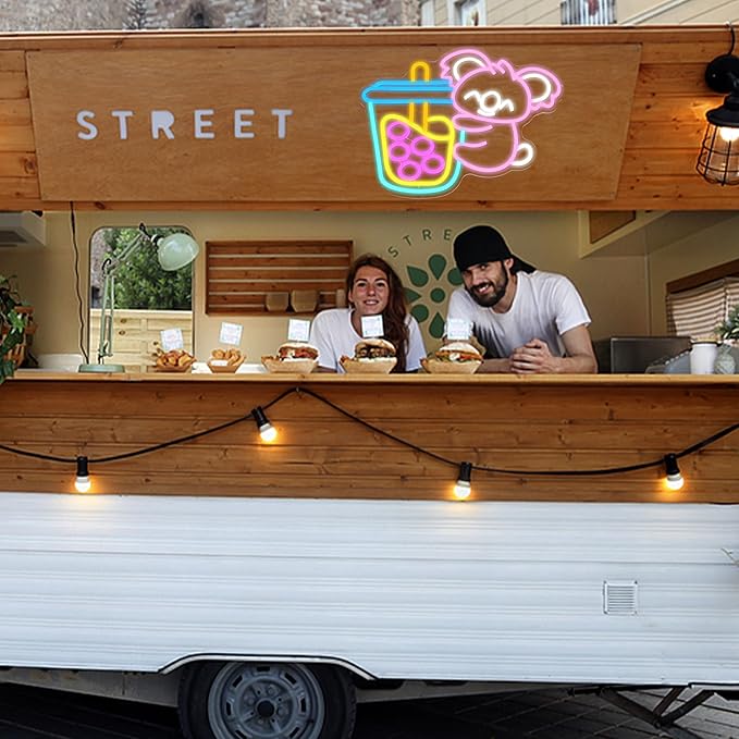 LISIGNVE Koala Bubble Tea Neon Sign for Wall Decor Cute Bear Led Signs Animal Koala Neon Light Boba Milk Tea Light Up Sign for Bubble Store Coffee Bar Dessert Shop Kids Room(16.5”*12.6”)