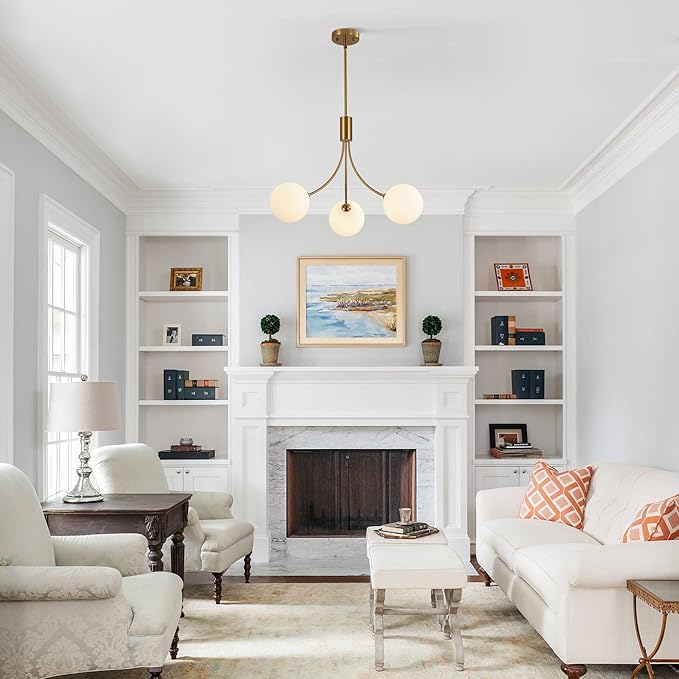 3-Light Modern Farmhouse Gold Chandeliers for Dining Room, Mid Century Pendant Lights Kitchen Island, Globe Sputnik Chandelier for Entryway Living Room Bedroom Office Bathroom