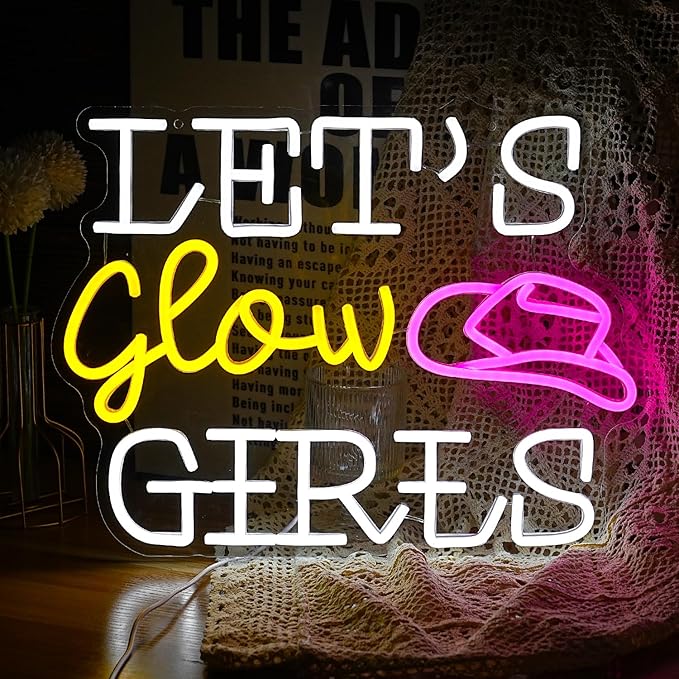 Let’s Glow Girls Neon Sign for Wall Decor 16.5‘’*12.2‘’ Light Up Sign Powered by USB Dimmable Led Cowboy Hat Neon Light for Girls Room Bedroom Party Wedding Gifts (White Yellow Pink)