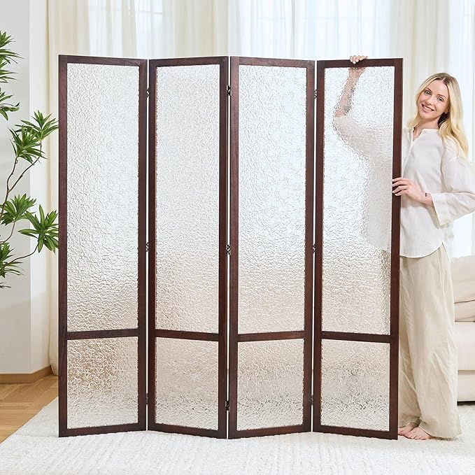4 Panel Acrylic Room Divider Privacy Screen - Freestanding Frosted Translucent Partition, Lightweight Modern for Home Office Studio (Walnut, 4 Panels)