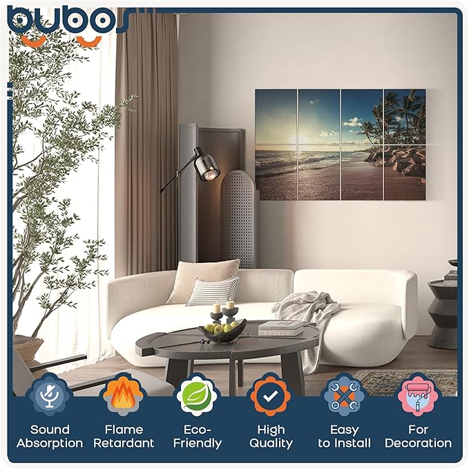 BUBOS 8 Pack Art Acoustic Panels Soundproof Wall Panel,47.2X31.4 Inches Sound Absorbing Panel,Self-Adhesive Decorative Acoustical Wall Panels, Acoustic Treatment for Ceiling Home Office（Beach02）