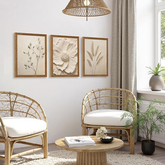 JLTULT 3 Piece Framed Neutral Beige Floral Canvas Wall Art, Modern Simple Texture Blossom Wall Decor, Vintage Botanical Flower Art Prints for Living Room Bedroom Farmhouse 12x16 inch Ready to Hang