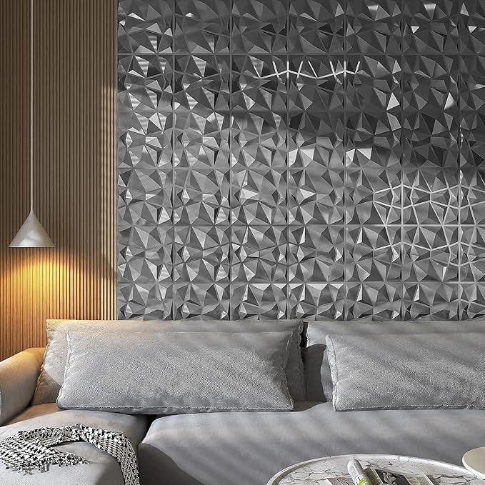Art3d 3D Diamond Design Paneling for Interior Decor, Living Room, TV Wall Background, Bedroom, Gaming Setup, 11.8" x 11.8", Silver, 33 Pack