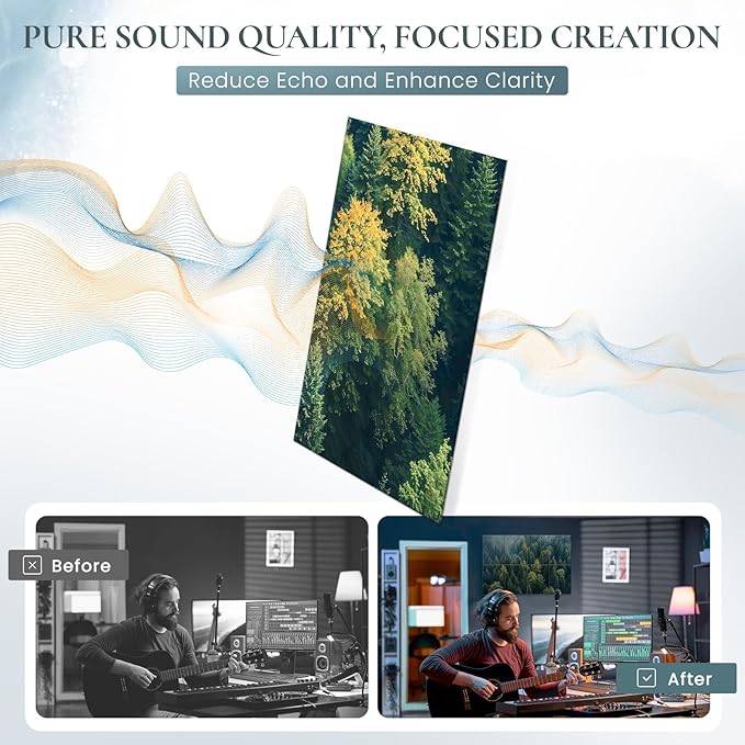 8 Pack Decorative Sound Absorbing Panels, Sound Absorbing Wall Art, 48X32 Inches Acoustic Wall Art for Decoration, Art Acoustic Panels, Acoustic Treatment, Adhesive Included, Green Forest