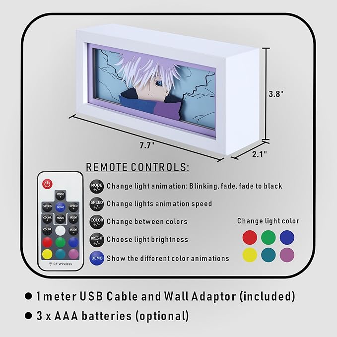 Anime LED Light Box, Manga Shadow Box Frame, Paper Cut, Table Lamp for Anime Enthusiasts, RGB Multi Color, Night Light for Room Decor, Unique Anime Desk Decor (Saturo Goju)