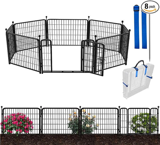 ADAVIN Garden Fencing 24 Inch High, Low Threshold Gate, 8 Panels Total 19.7 Ft(L), Temporary Fences for Dogs Outdoor, Fencing for Garden Beds, Black Metal Decorative Flowers Fence, Rabbit Fence