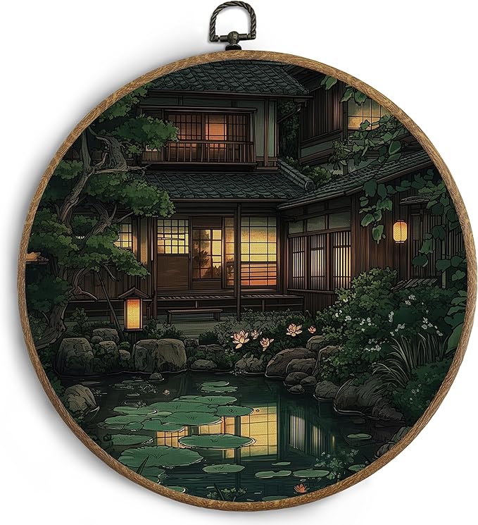 KTYHD Japanese Japandi Wall Art Decor, Traditional Japanese Garden Round Canvas Wall Art, Oriental Landscape Aesthetic Pond Scenery Walls Decor for Living Room Bedroom, Japandi Home Decor