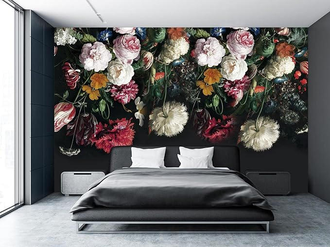 Cliouar-Flower Rose Tropical Plants Black Wallpaper Mural Bedroom Living Room Decor 158" x 110" (Not Self-Adhesive)