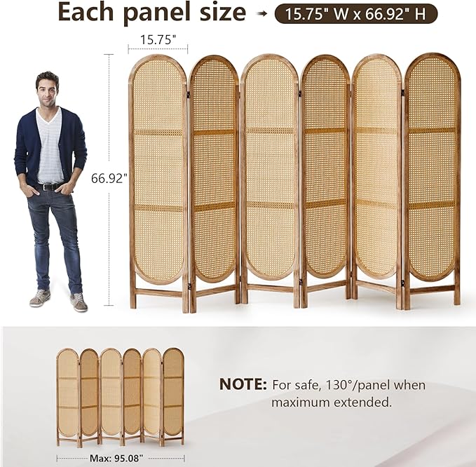 6 Panels Room Dividers and Hand-Woven Rattan Room Divider Wall, Wood Room Divider Folding Privacy Screens for Home Office Bedroom, Light Brown