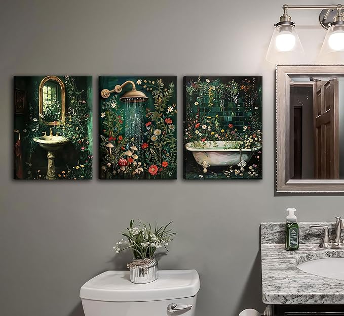 KKJ 3 Pcs Green Botanical Bathroom Canvas Wall Art, 16x24in Each, Dark Green Wildflowers, Floral Picture Wall Decor, Rural Style, Bathroom & Laundry Room Decoration
