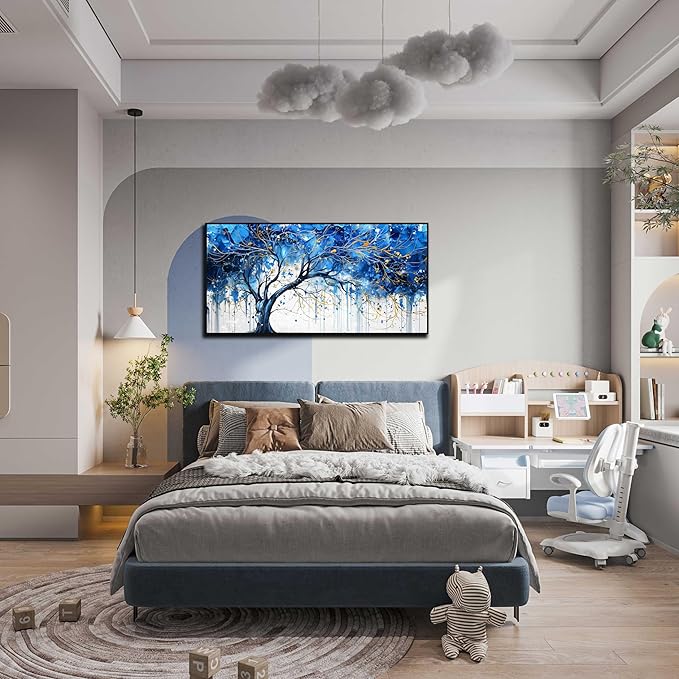 Blue Tree Wall Art Bedroom - Modern Canvas Art Wall Decor for Living Room - Framed Wall Art Size 24" x 48"