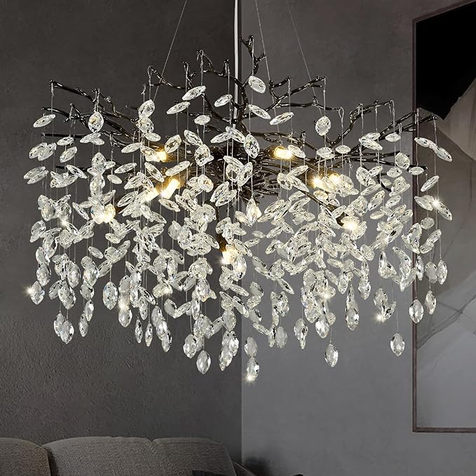 Modern Tree Branch Black Crystal Chandelier，Contemporary 10-Light Pendant Lighting with K9 Clear Crystal 31.5" Luxury Farmhouse Chandeliers for Church Living Room Kitchen Bedroom