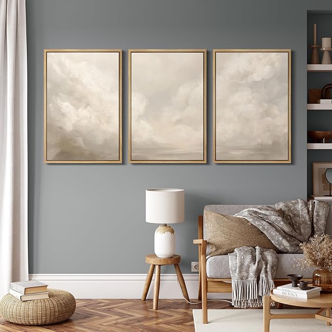 MUDECOR Framed Wall Art Print Set Neutral Cloudscape Soft Beige Abstract Sky Illustrations Modern Art Boho Decorative Colorful Chic for Living Room, Bedroom, Office - 16"x24"x3 Natural