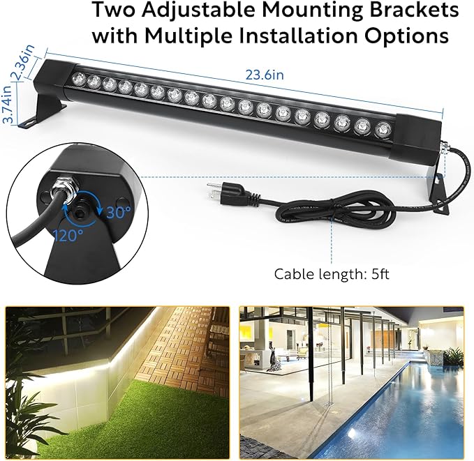 Outdoor Wall Washer Lights 2 Pack,36W 5000K Daylight White Wall Washer Lighting,2FT 120V LED Linear Wall Wash Light Bar for Garden,Backyards,Building,Courtyards Lighting