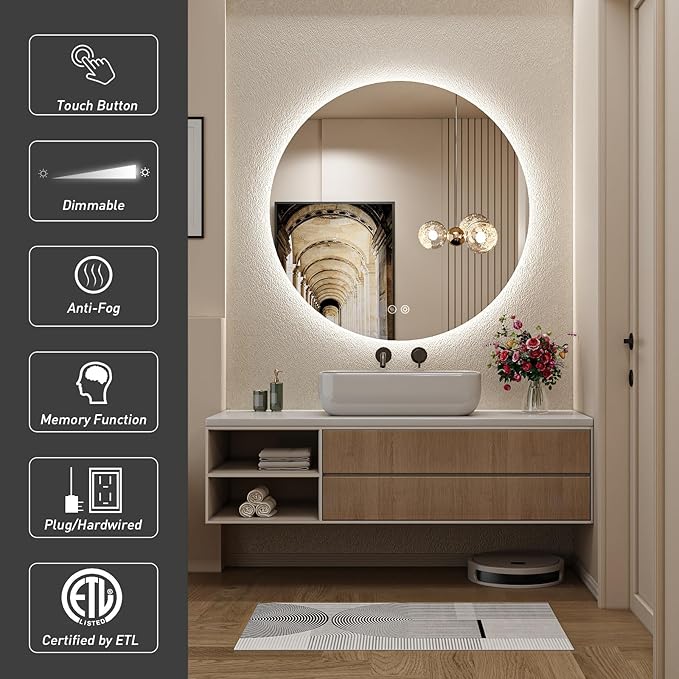 32 Inch LED Backlit Round Mirror for Vanity,Dimmable Lighted Bathroom 6000K Wall Mounted Mirror with Lights,Anti-Fog, Touch Switch and CRI 90+