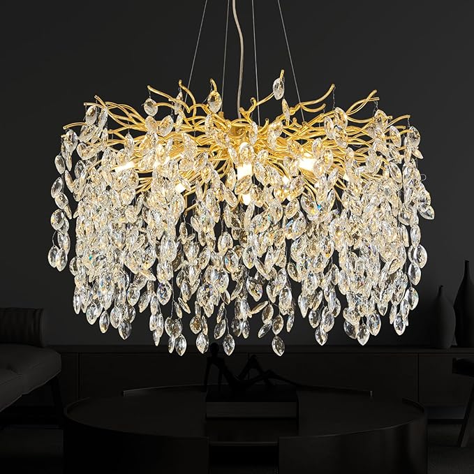 Modern Crystal Chandelier, 23.6" Luxury Gold Tree Branch Chandelier 6-Light Raindrop Chandeliers Modern Chandeliers for Dining Room Kitchen Bedroom Living Room High Ceiling, Branch & Height Adjustable