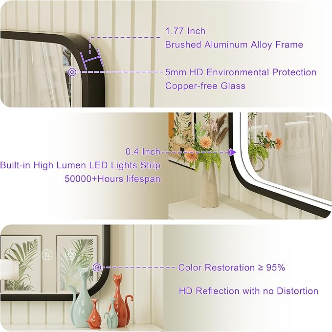 30x30 Inch Black LED Bathroom Mirror, 3000K/4500K/6000K, Framed Lighted Bathroom Vanity Mirror with Lights, Anti-Fog, Stepless Dimmable, Memory, Wall Mounted, Horizontal/Vertical