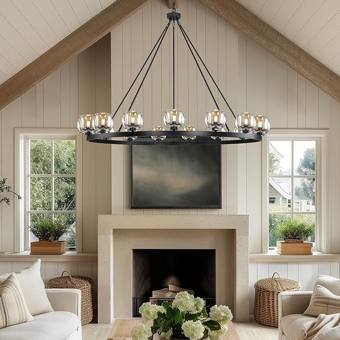 Black Wagon Wheel Chandelier, 59 Inch Black Chandeliers with Unique Glass Shade, 15-Light Crystal Large Wagon Wheel Chandeliers for Dining Room, High Ceiling Round Chandelier for Living Room, Foyer