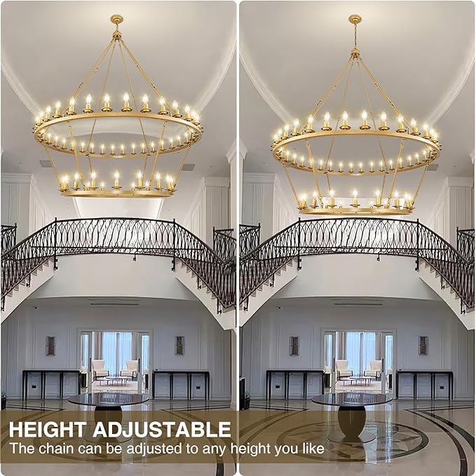 60" 2-Tier Wagon Wheel Chandelier, 54-Light Farmhouse Large Gold Chandelier Round Modern Rustic Industrial Adjustable Height for High Ceiling Living Room, Entryways, Foyer, Dining Room