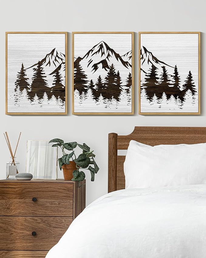 KUVIOKE Mountains Tree Framed Wall Art Boho White Forest Nature Landscape Artwork Painting Morden Country Woodcut Wood Wall Decor Rustic Home Decor for Bedroom Farmhouse 12x16in (Natural Framed)